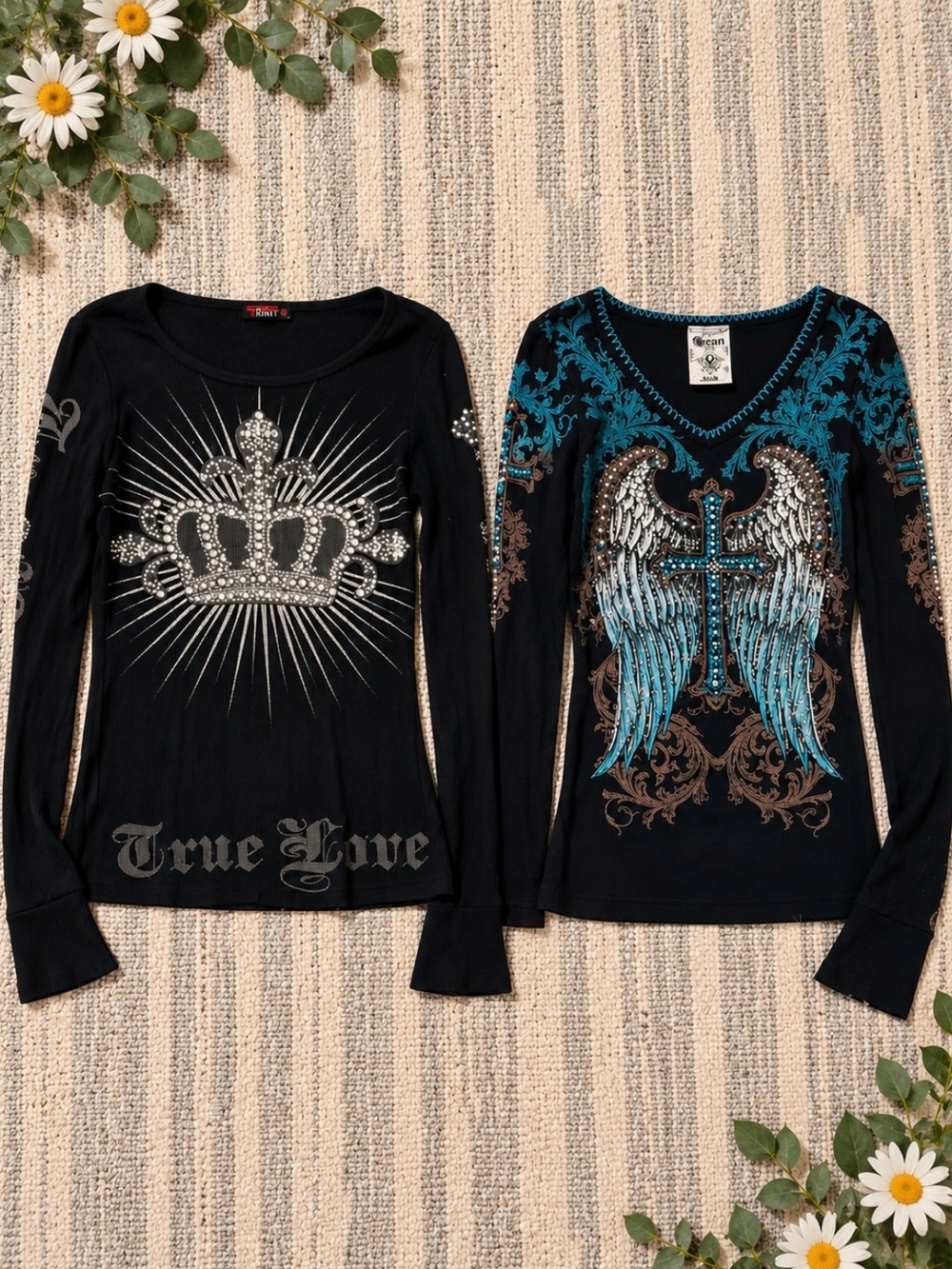 Vocal Apparel Women's Crystal Black Cross Angel Wings Whipstitch Shirt Size S
